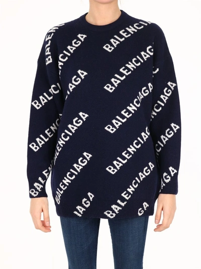 Shop Balenciaga Allover Logo Intarsia Sweater In Blue