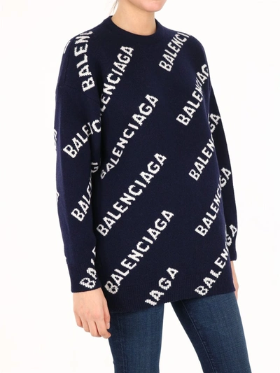 Shop Balenciaga Allover Logo Intarsia Sweater In Blue