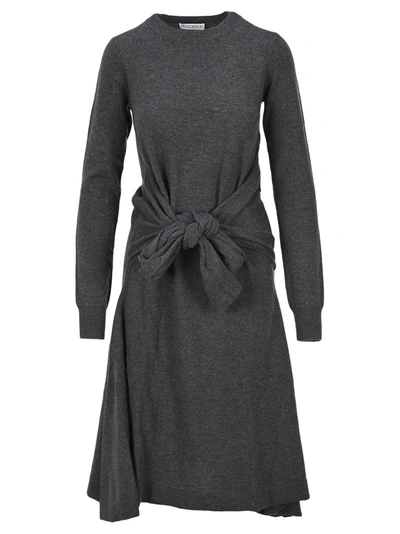 Shop Jw Anderson Tie Front Long Sleeve Knit Dress In Grey