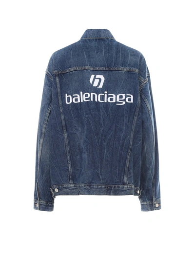 Shop Balenciaga Sponsor Logo Denim Jacket In Blue