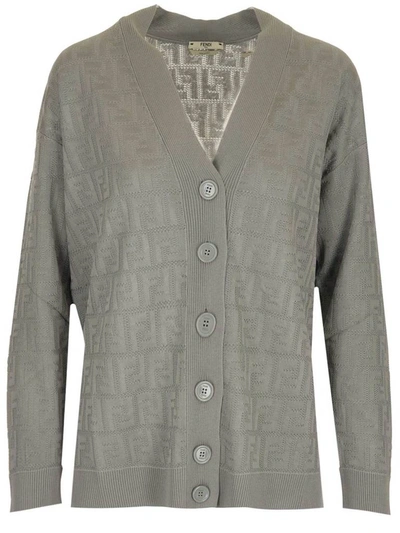 Shop Fendi Ff Jacquard Cardigan In Grey
