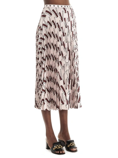 Shop Valentino Pleated Logo Print Midi Skirt In Multi