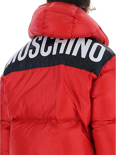 Shop Moschino Logo Hooded Puffer Jacket In Red