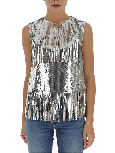 Shop Pinko Fringed Sequin Embellished Top In Silver