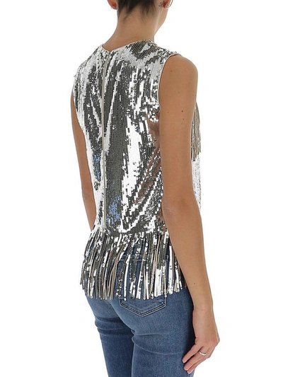 Shop Pinko Fringed Sequin Embellished Top In Silver