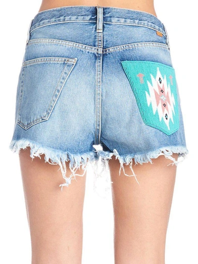 Shop Alanui Frayed Embroidered Mini Shorts In Blue