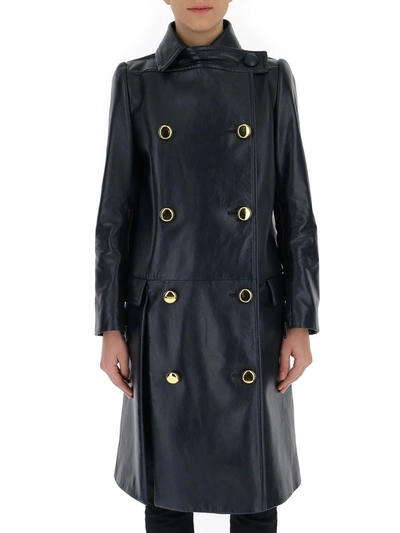 Shop Prada Double Breasted Leather Coat In Black