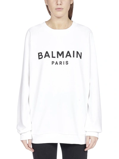 Shop Balmain Logo Printed Crewneck Sweatshirt In White