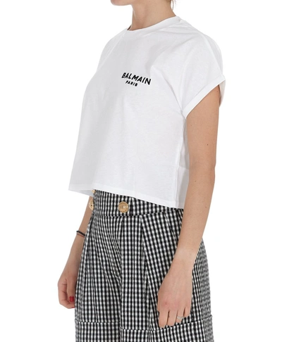 Shop Balmain Logo Print Crewneck Cropped T In White