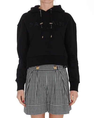 Shop Balmain Logo Embellished Cropped Drawstring Hoodie In Black