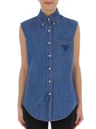 Shop Prada Sleeveless Denim Shirt In Blue