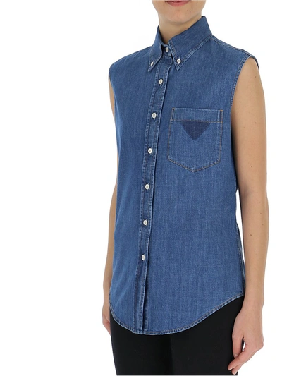 Shop Prada Sleeveless Denim Shirt In Blue