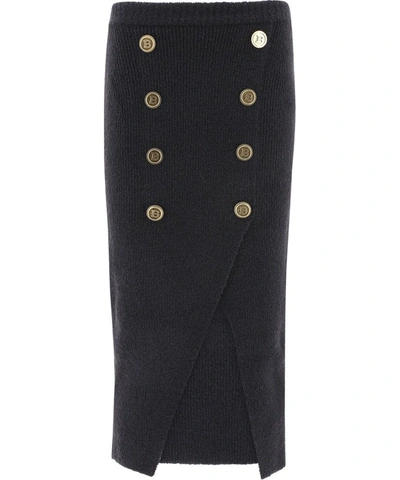 Shop Balmain Button Embellished Knit Skirt In Black