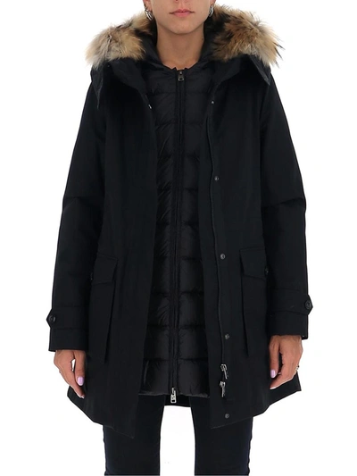 Shop Woolrich Layered Hooded Parka Coat In Black