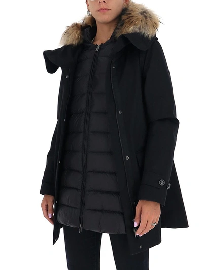 Shop Woolrich Layered Hooded Parka Coat In Black