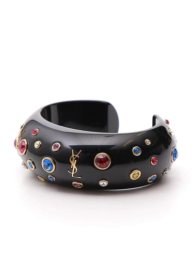 Shop Saint Laurent Embellished Monogram Open Cuff Bracelet In Black