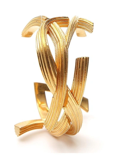Shop Saint Laurent Braided Monogram Cuff In Gold