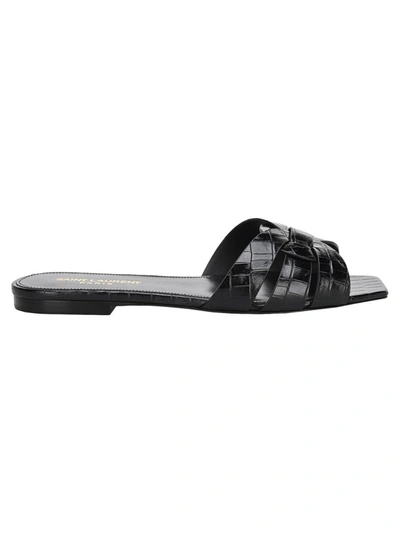 Shop Saint Laurent Tribute Embossed Flat Sandals In Black