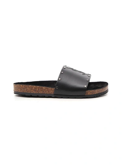 Shop Saint Laurent Jimmy Logo Studded Slides In Black