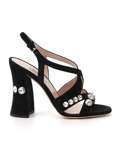 Shop Miu Miu Crystal Embellished Crossover Sandals In Black