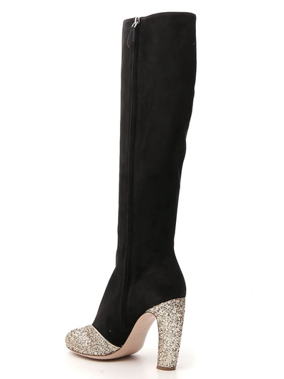 Shop Miu Miu Knee Length Glitter Detail Boots In Black