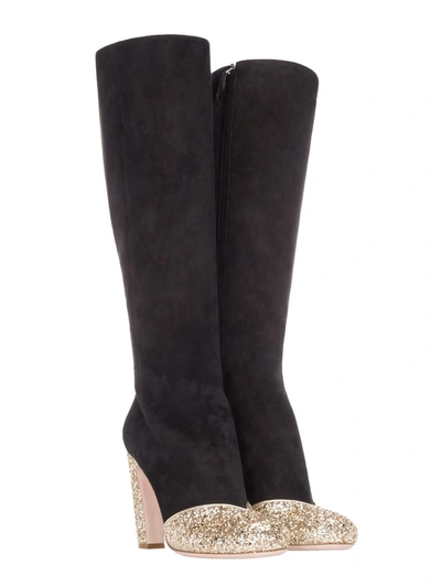 Shop Miu Miu Knee Length Glitter Detail Boots In Black