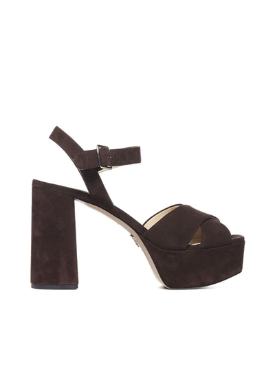 Shop Prada Crossover Platform Sandals In Brown
