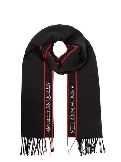 Shop Alexander Mcqueen Logo Fringe Scarf In Black