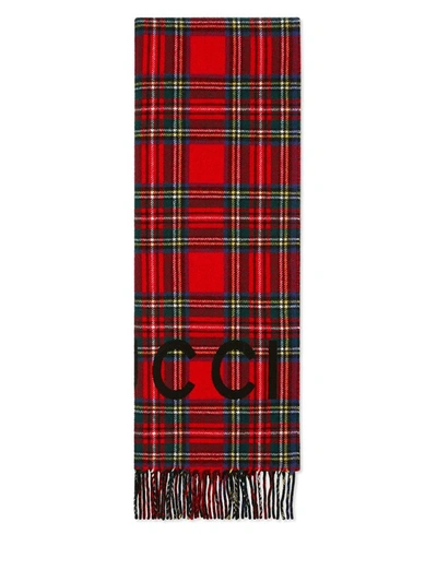 Shop Gucci Tartan Logo Printed Scarf In Multi