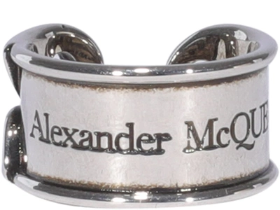 Shop Alexander Mcqueen Logo Engraved Ring In Silver