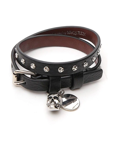 Shop Alexander Mcqueen Double Wrap Skull Charm Bracelet In Black