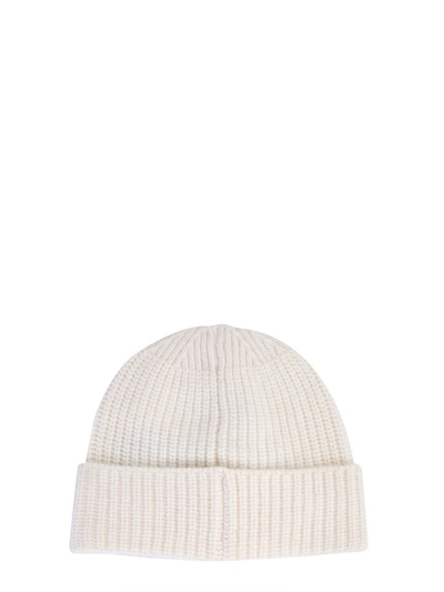 Shop Stone Island Ribbed Knitted Beanie In White