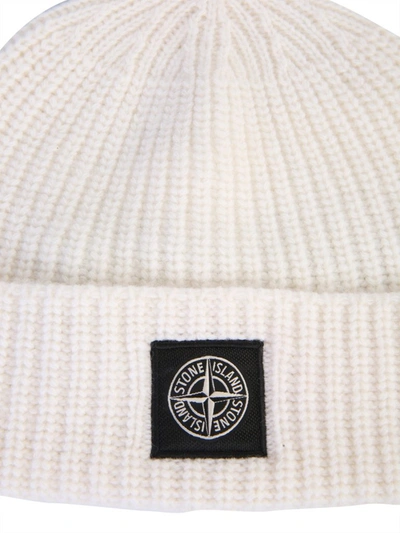 Shop Stone Island Ribbed Knitted Beanie In White