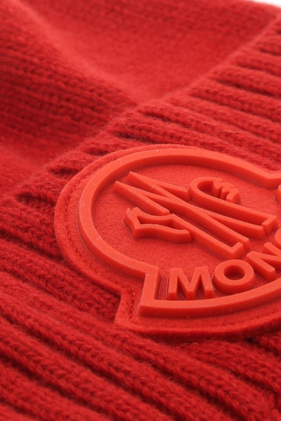 Shop Moncler Logo Patch Beanie In Red