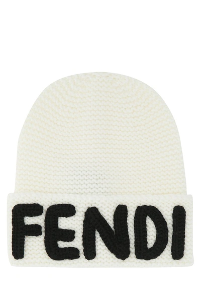 Shop Fendi Logo Motif Knit Beanie In White