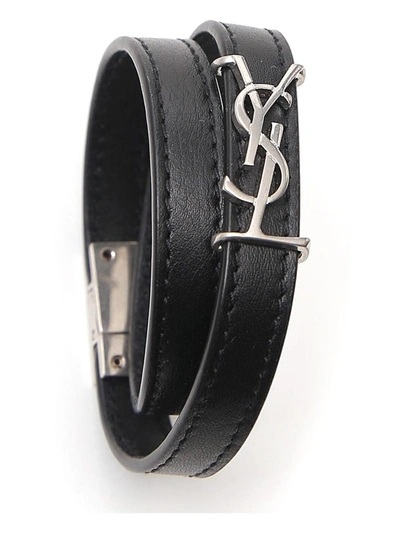 Shop Saint Laurent Double Wrap Ysl Bracelet In Black