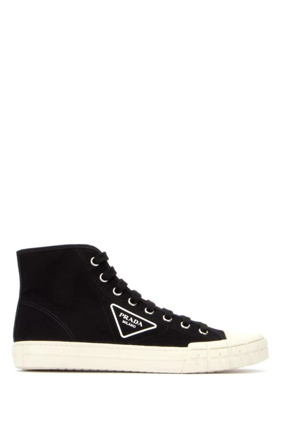 Shop Prada Logo Detailed High Top Sneakers In Black