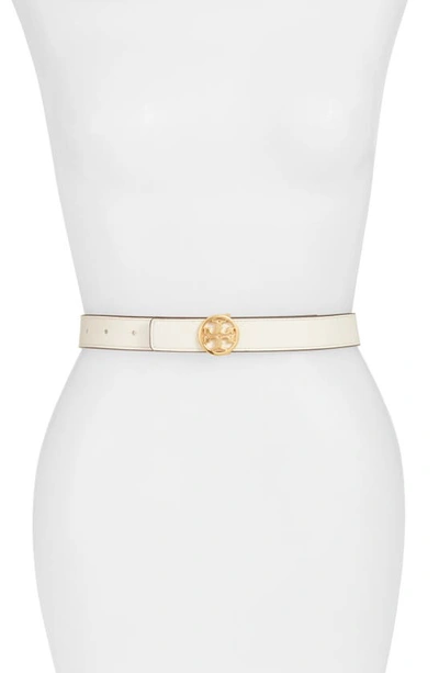 Shop Tory Burch T-logo Reversible Leather Belt In New Ivory / Natural / Gold