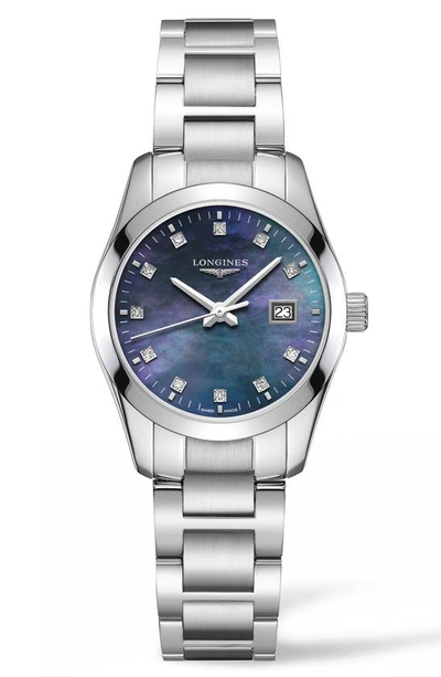 Shop Longines Conquest Classic Diamond Dial Bracelet Watch, 29mm In Silver/ Black Mop