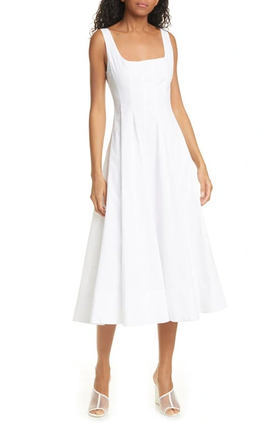 Shop Staud Wells Stretch Cotton Poplin Midi Fit & Flare Dress In White