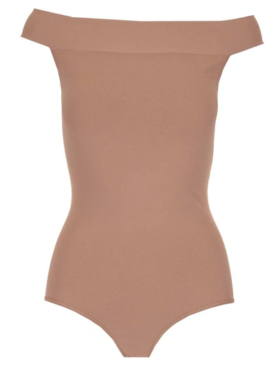 Shop Alaïa Off Shoulder Bodysuit Top In Pink