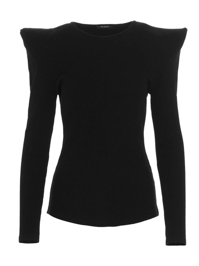 Shop Balmain Exaggerated Shoulder Long Sleeve Top In Black