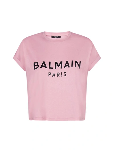 Shop Balmain Logo Printed Cropped T In Pink