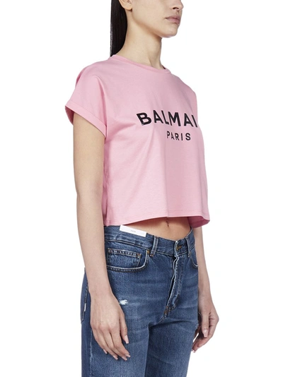 Shop Balmain Logo Printed Cropped T In Pink