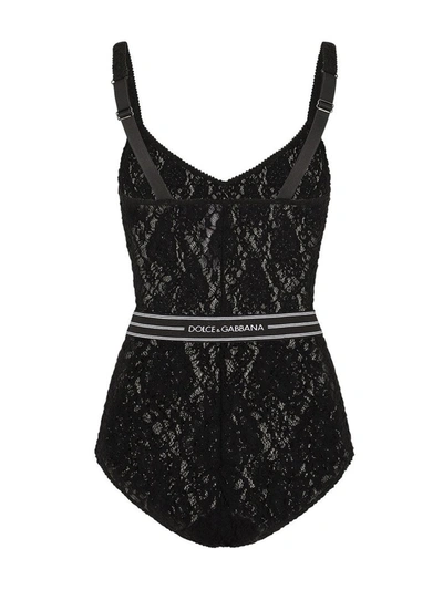 Shop Dolce & Gabbana Lace Logo Band Bodysuit In Black