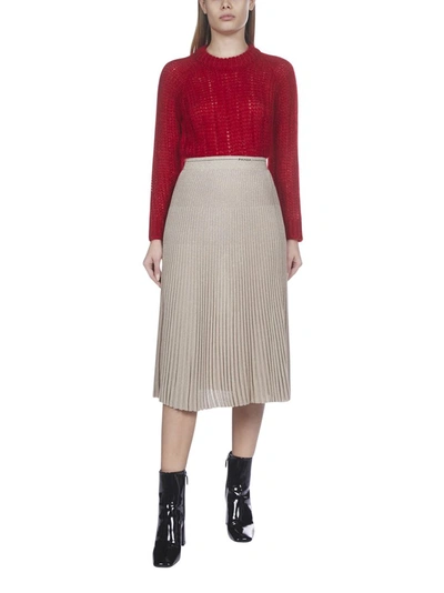 Shop Prada Pleated Knitted Skirt In Beige