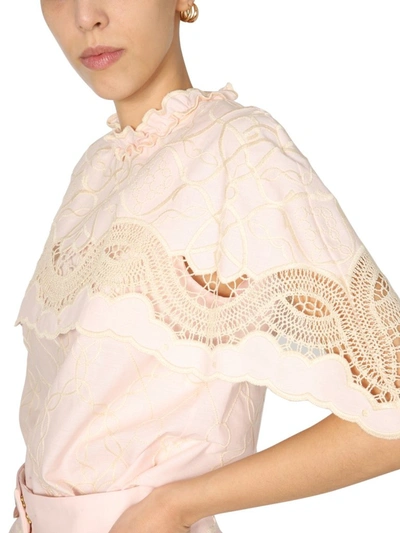 Shop Alberta Ferretti Embroidered Ruffle Collar Blouse In Pink