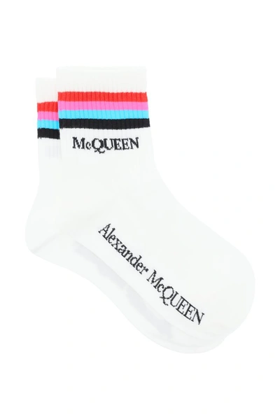 Shop Alexander Mcqueen Striped Logo Intarsia Socks In White