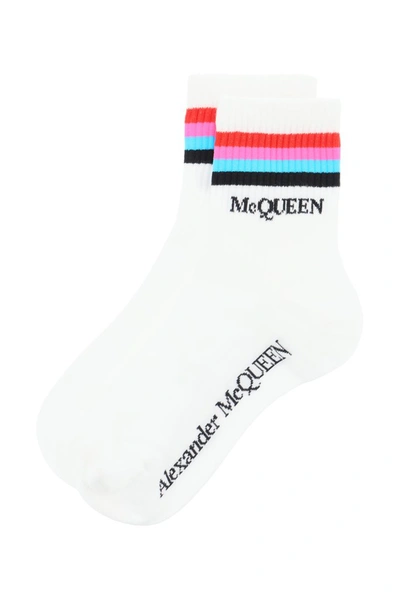 Shop Alexander Mcqueen Striped Logo Intarsia Socks In White