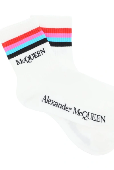 Shop Alexander Mcqueen Striped Logo Intarsia Socks In White